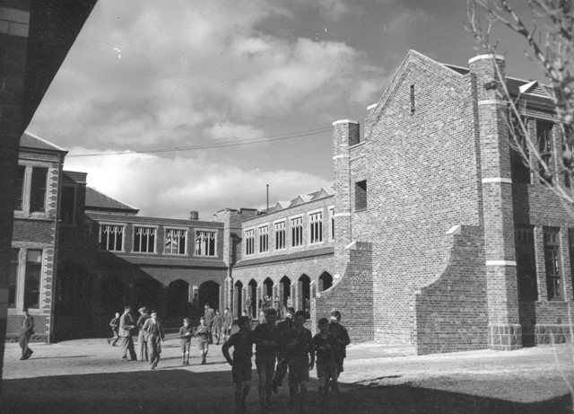View of South Wing through the Quadrangle, circa 1945.